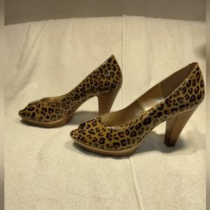 Sofft Ramona II Leather Leopard Peep-Toe Platform Heels, NWOT, 9.5 M/B